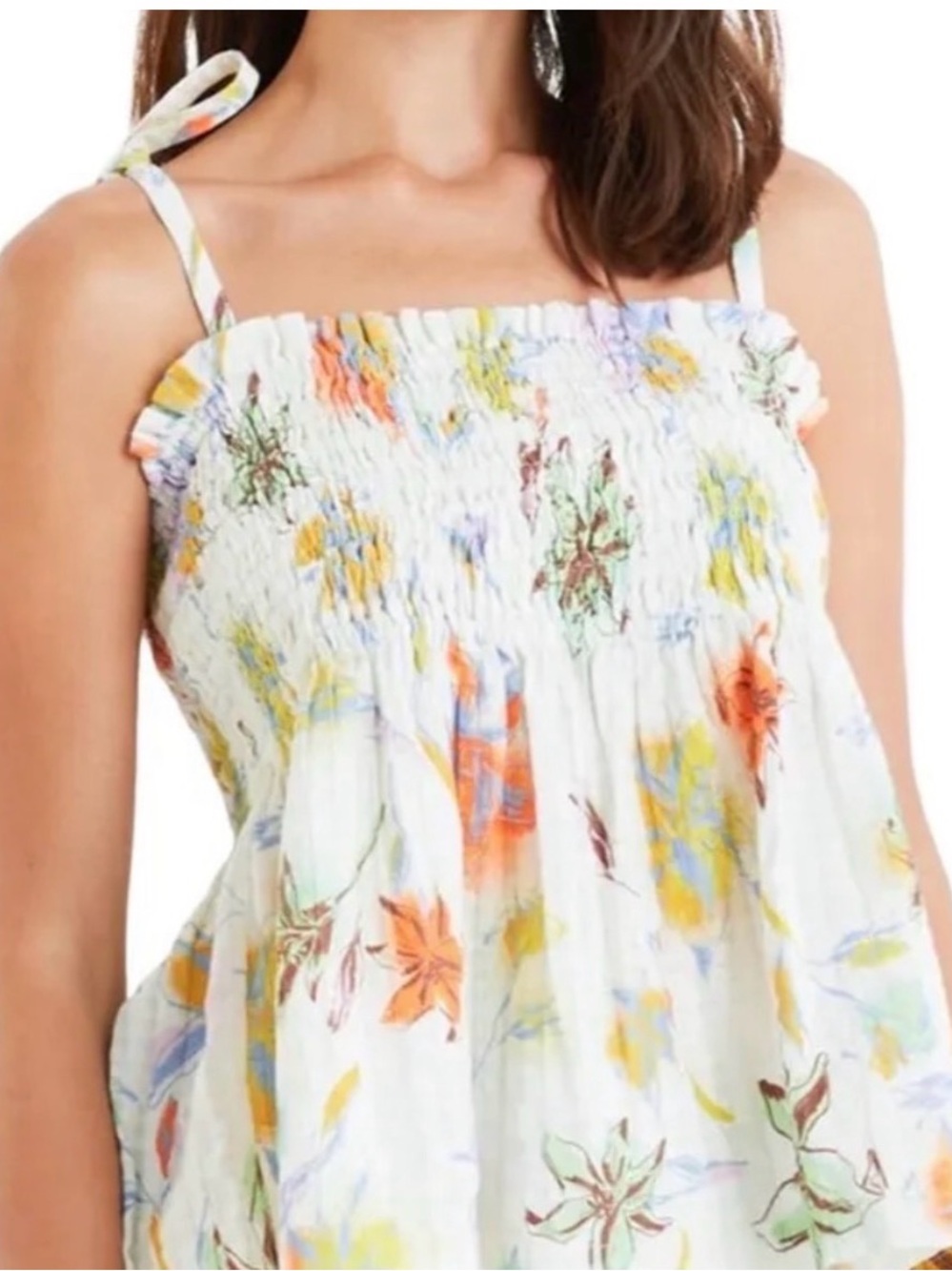 Tanya Taylor White Floral Smocked Tie-Strap Camisole